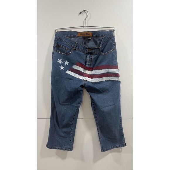 Moto Blue Denim - Moto Blue Graphic Jeans Size 17/18 Capris American Flag Womens